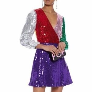 NEW NWT ALICE + OLIVIA Blaze Sequin Colorblock Long Sleeve Mini Dress SZ 4 Glam